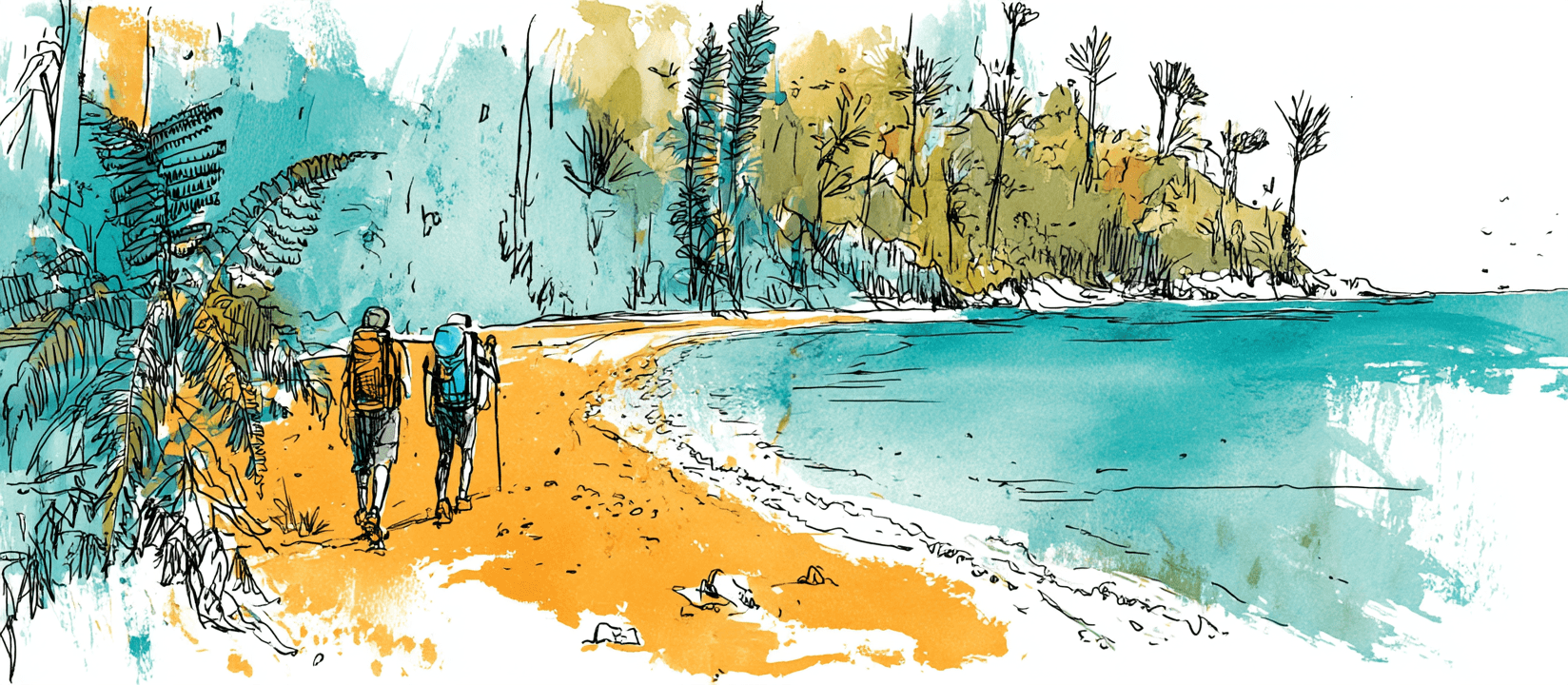 Watercolour illustration of two hikers with full packs walking a golden-sand beach on the Abel Tasman Coast Track, with turquoise water and a forested headland beyond