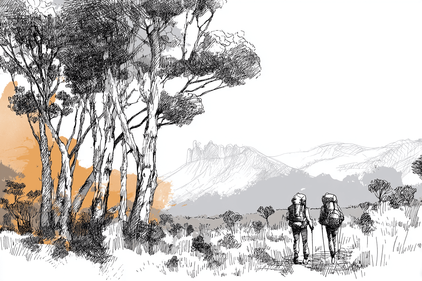 Two hikers with backpacks on the Overland Track, alpine country and a mustard-washed treeline in Tasmania