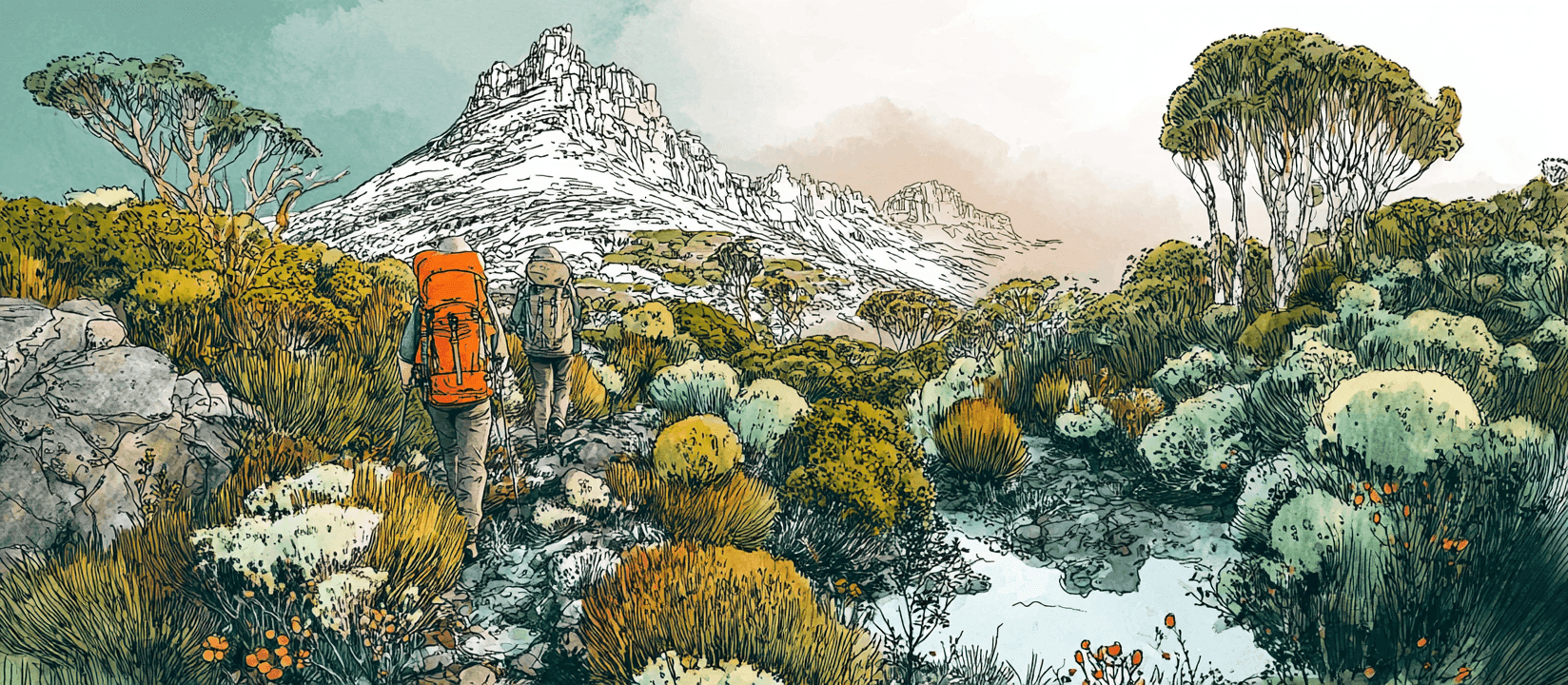 Two walkers with large backpacks crossing cushion-plant moorland below the jagged dolerite summit of Mount Anne, with pandani and a still tarn to the right