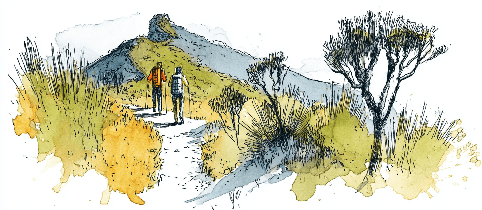 Two hikers with backpacks walking a tussock ridgeline on the Paparoa Track, the folded ranges of Paparoa National Park behind them