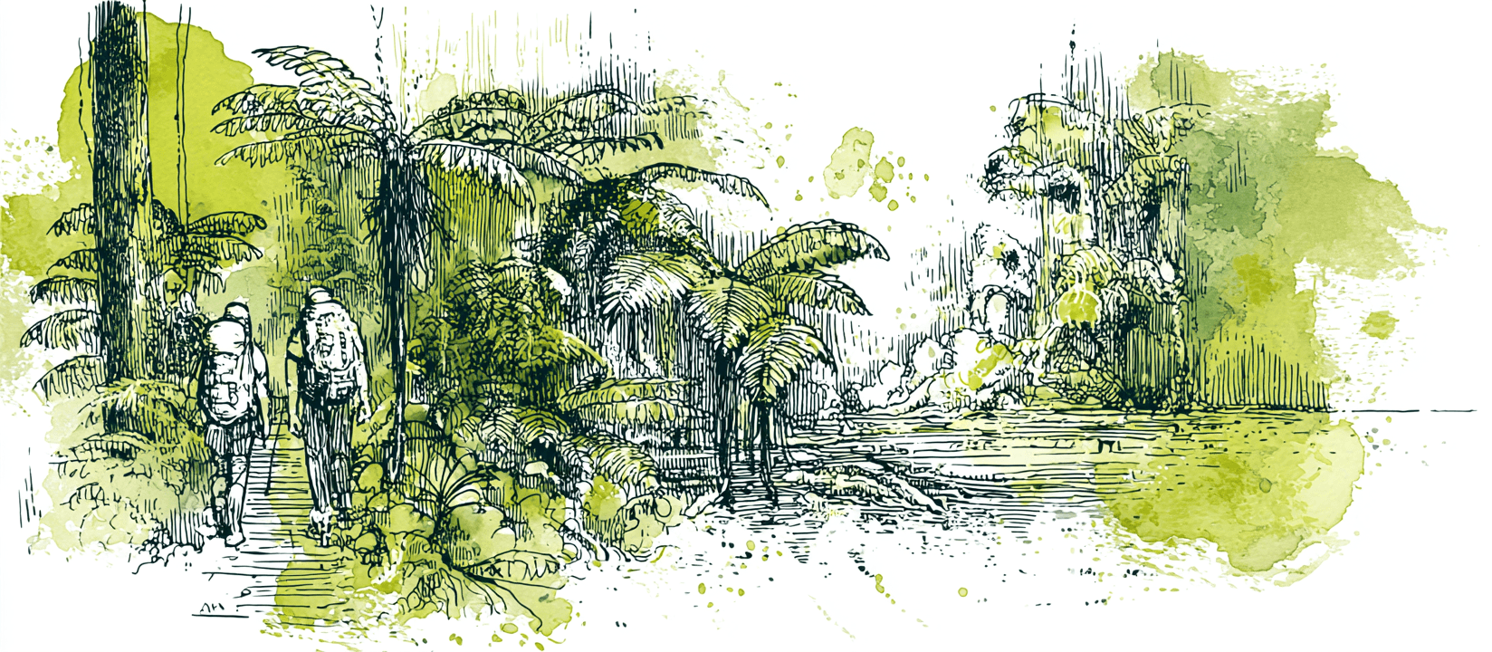 Two hikers with backpacks on a boardwalk through dense tree-fern rainforest on the Rakiura Track, Stewart Island