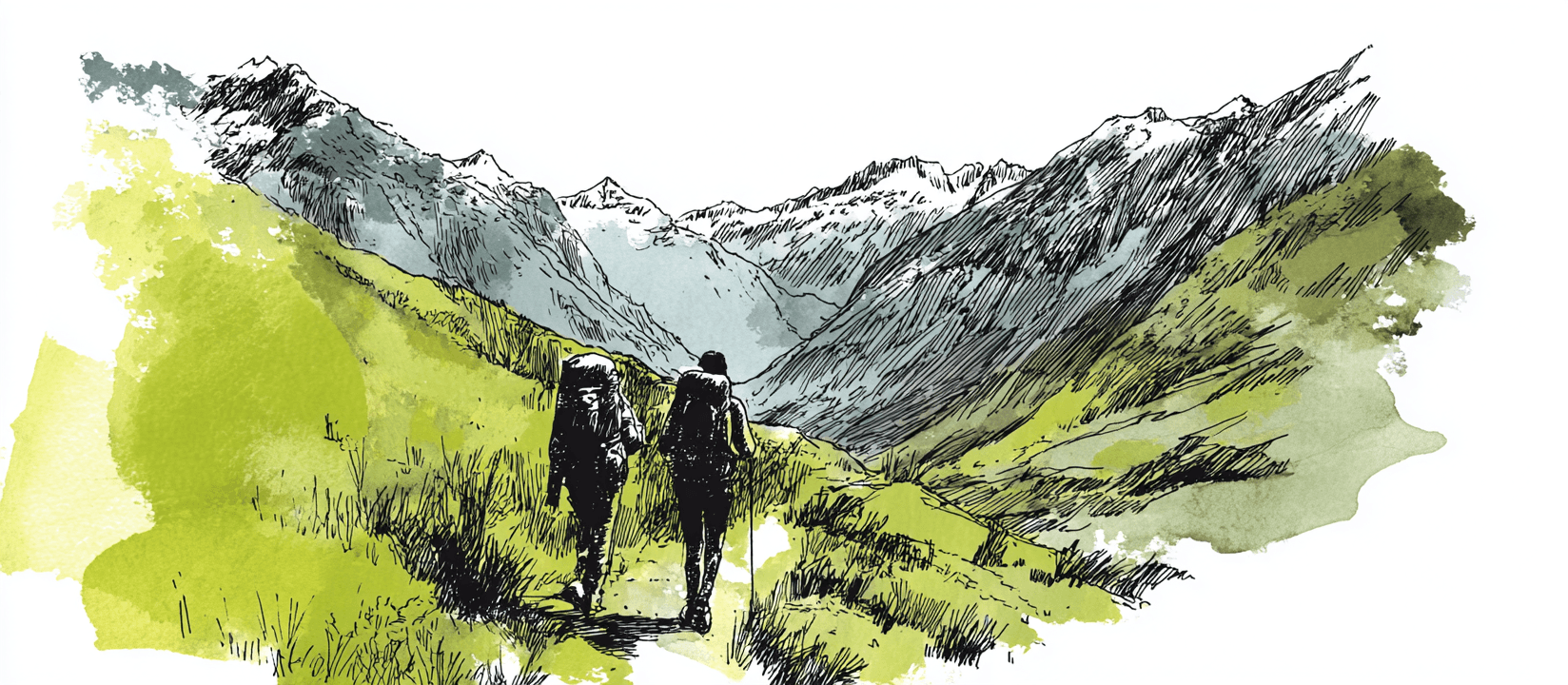 Illustration of two hikers with backpacks descending an alpine trail into a valley