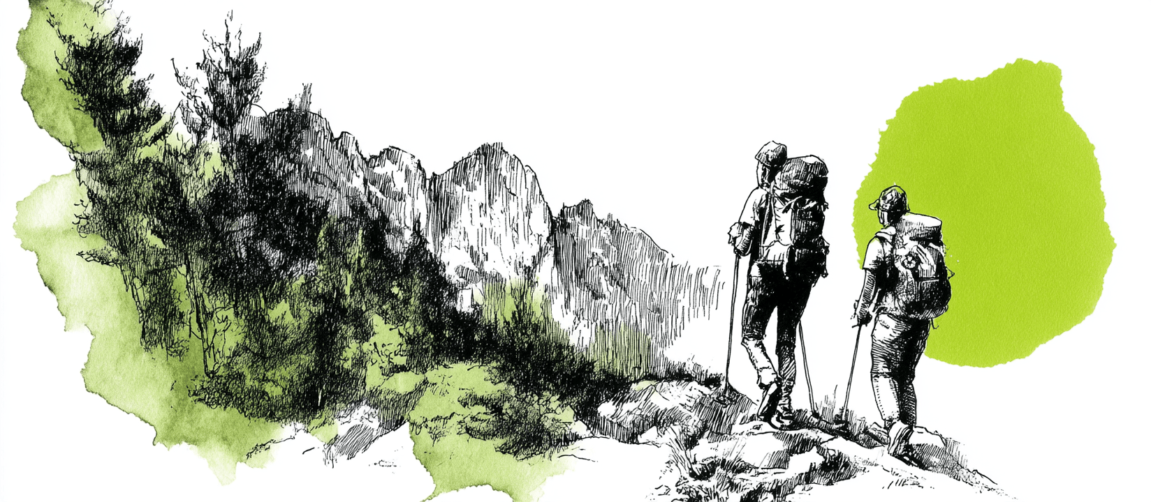 Two hikers pausing on an alpine trail, looking out to a jagged mountain range