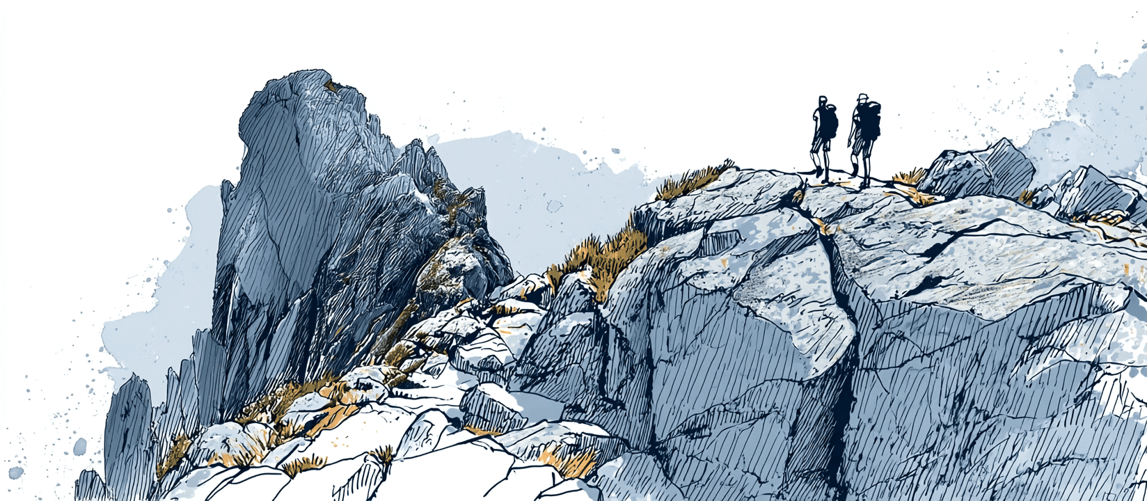 Two hikers with backpacks standing on a quartzite ridge of the Eastern Arthur Range, a jagged rock spire rising across the saddle under a pale sky