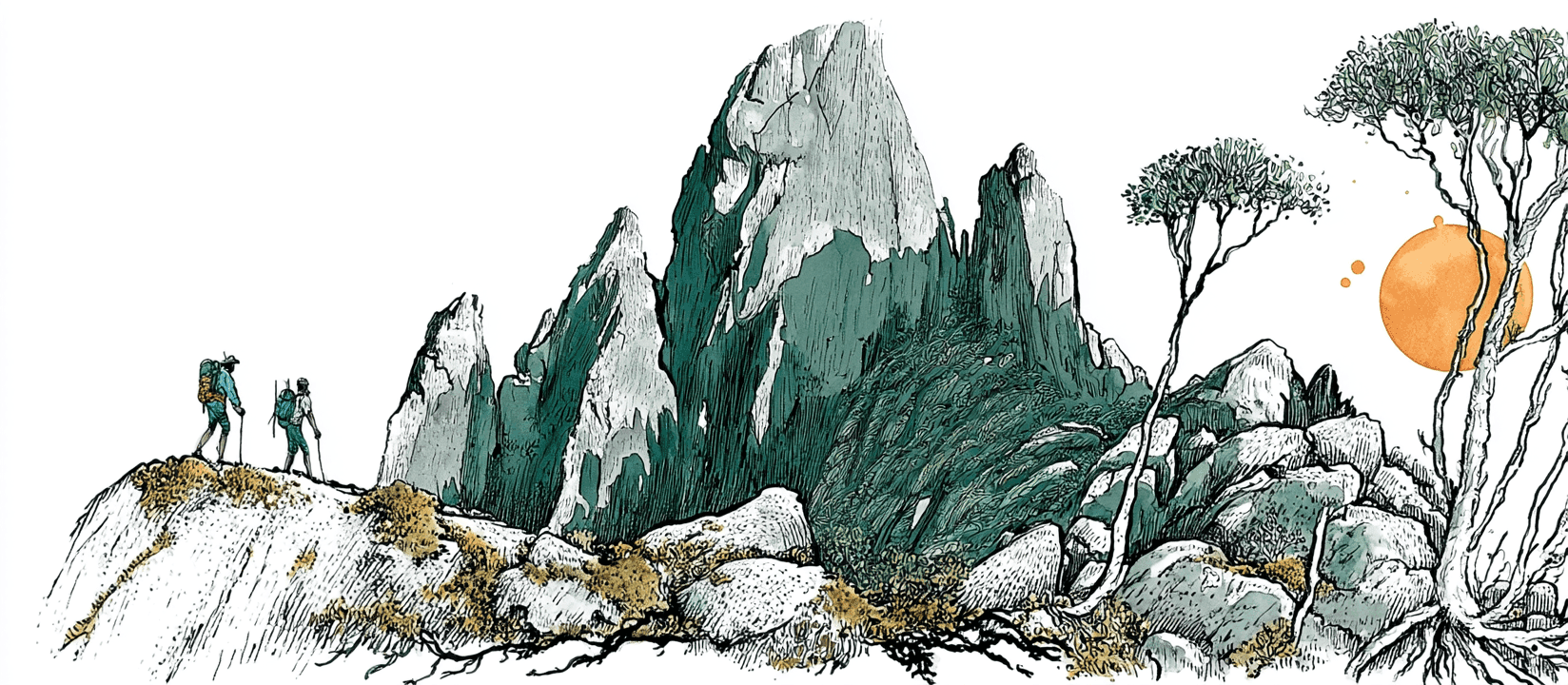 Two walkers with backpacks on a rocky ridge looking across to the jagged quartzite spire of Federation Peak, with wind-shaped trees and a low sun to the right