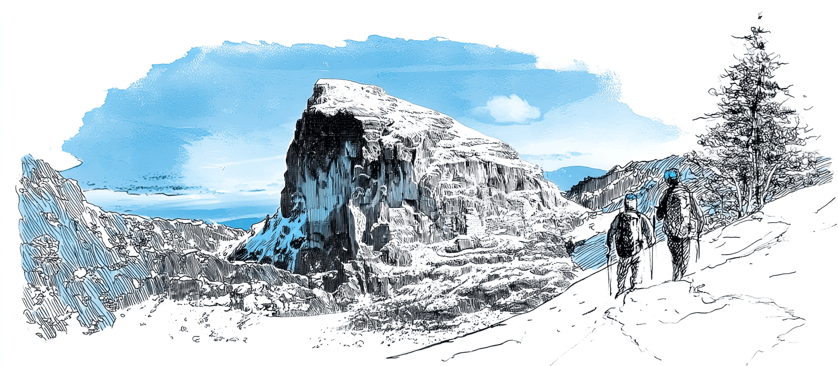 Two hikers with backpacks on an alpine trail approaching the quartzite dome of Frenchmans Cap