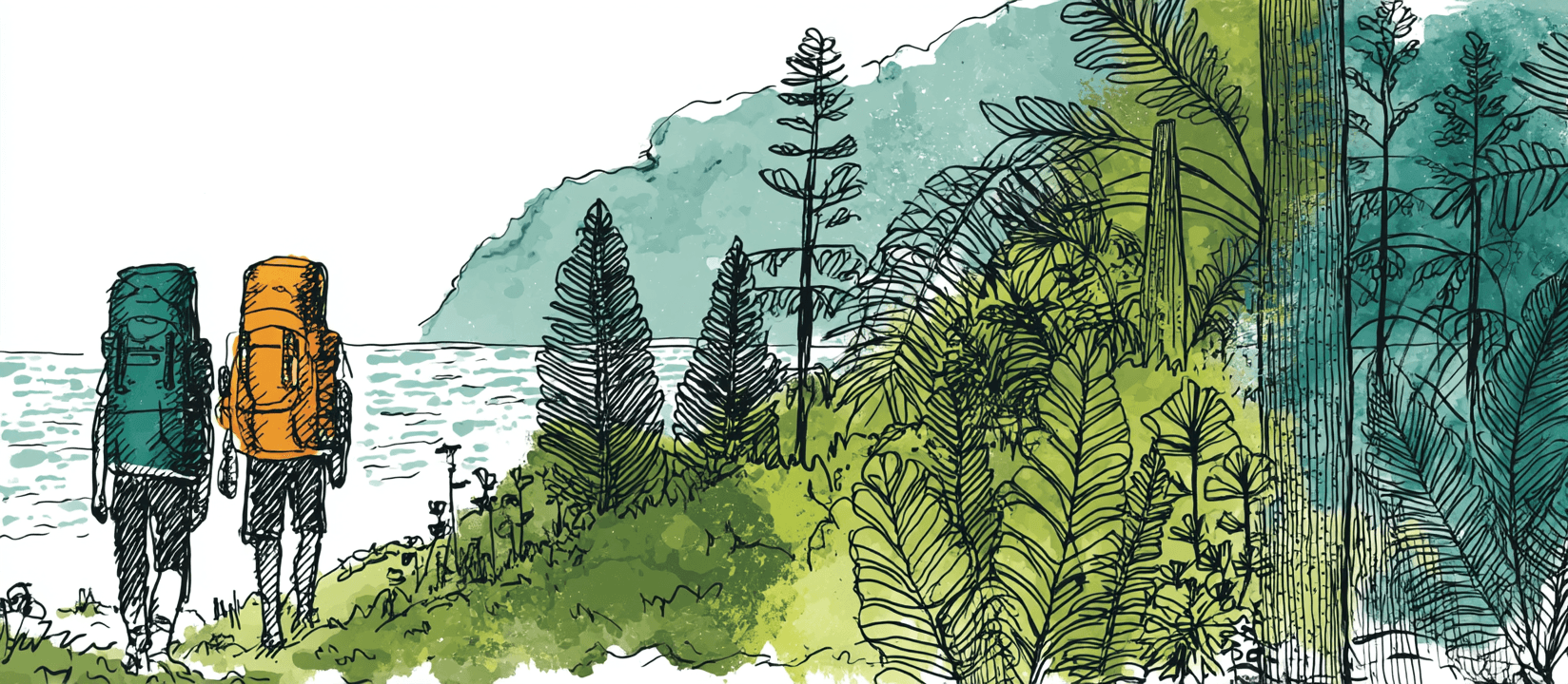 Watercolour illustration of two hikers with full packs on the coastal section of the Heaphy Track, walking past nīkau palms and ferns with the sea and a forested headland beyond