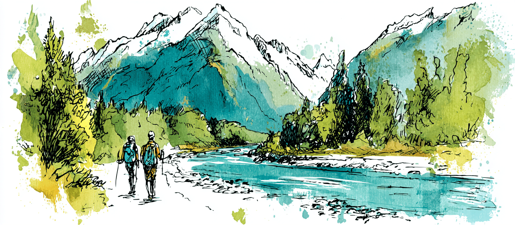 Illustration of two hikers with backpacks walking a braided river flat toward forested mountains