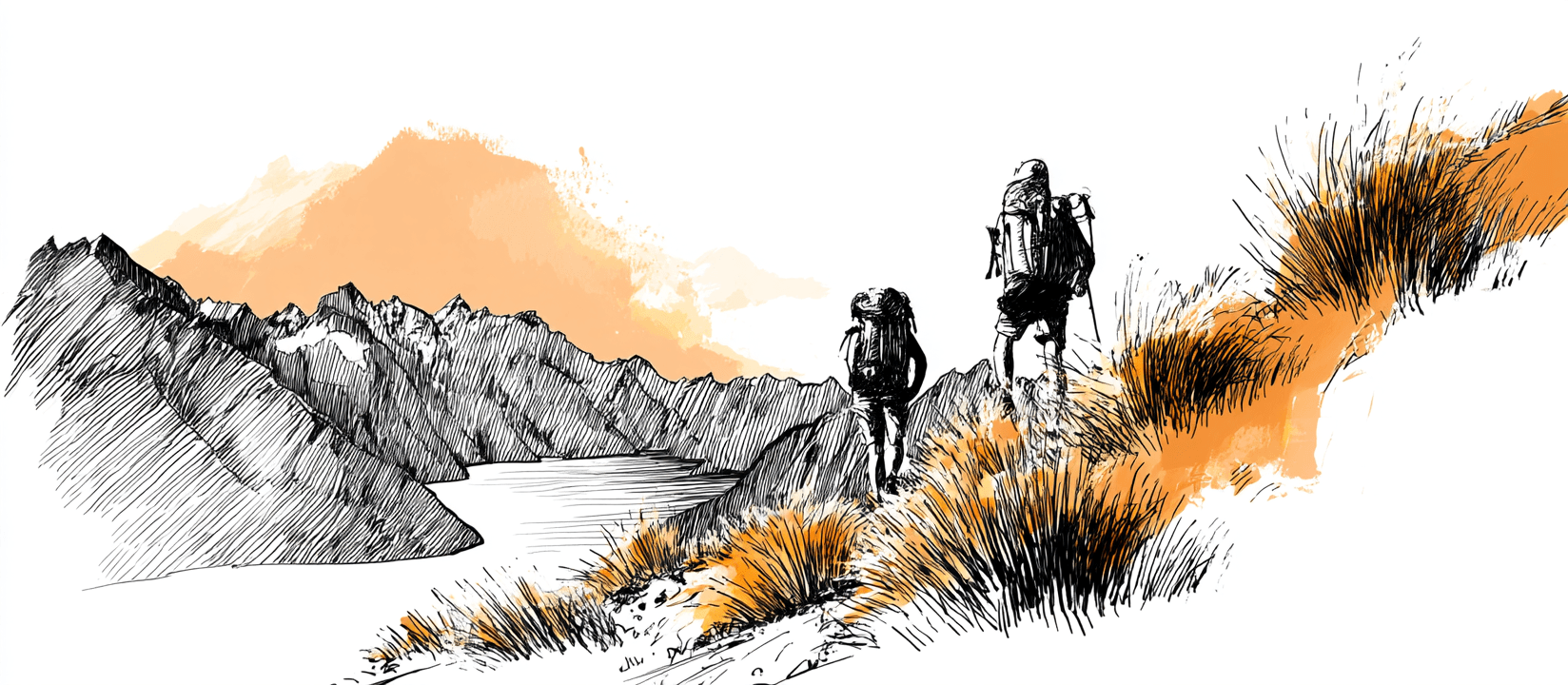 Two hikers with backpacks on an exposed alpine ridge on the Kepler Track, tussock tops above the bushline with a lake far below