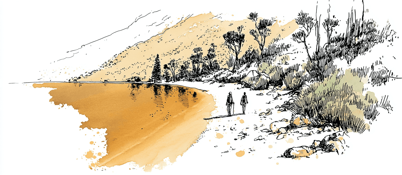 Two walkers with backpacks on the sandy beach of an alpine tarn in the Denison Range, calm water reflecting the shoreline trees with scrub-covered slopes rising beyond