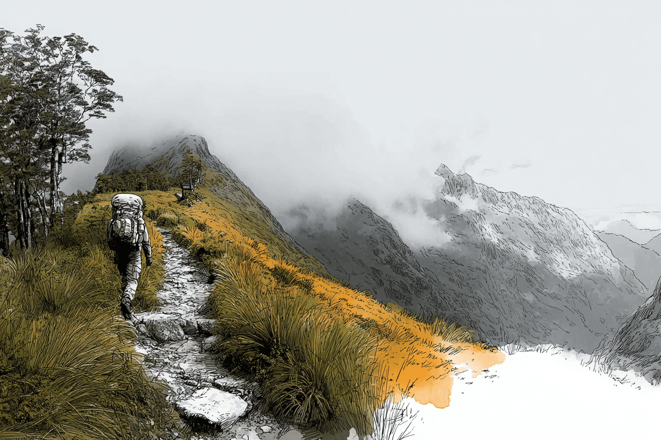 A hiker with a backpack on an alpine trail above the bushline, mist drifting over the peaks