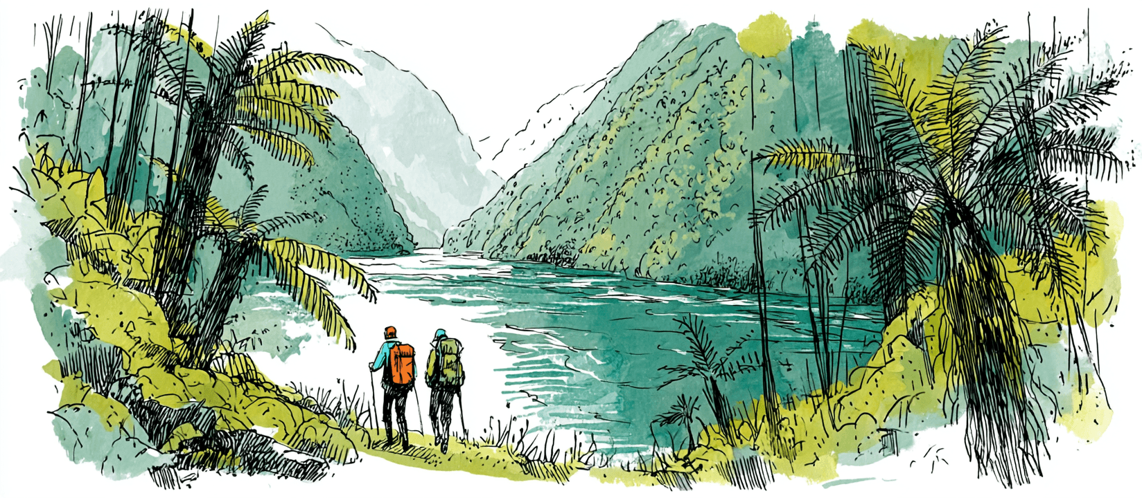 Two hikers with backpacks walking the Milford Track, mist drifting over the peaks