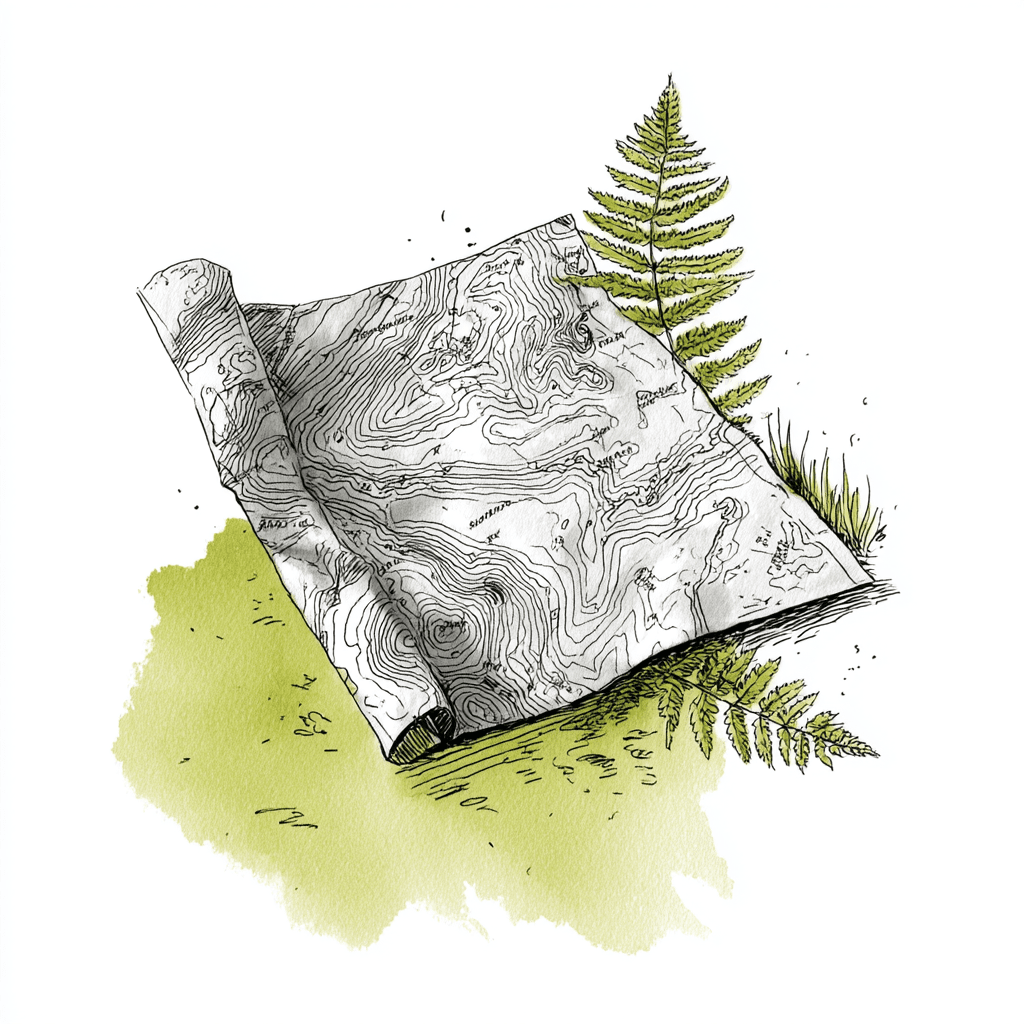 A hand-drawn topographic map with a fern frond