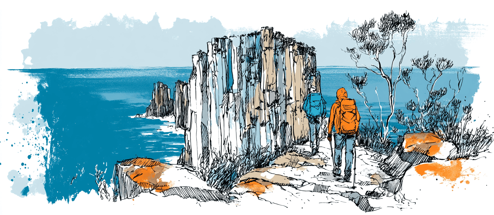 Two hikers with backpacks on the Three Capes Track, dolerite sea cliffs and a teal-washed ocean on the Tasman Peninsula