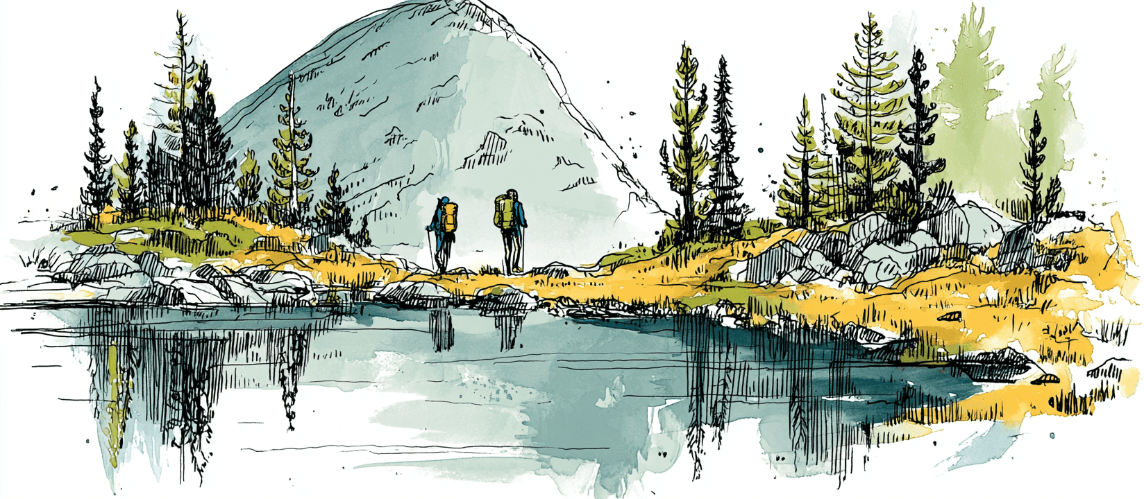 Two hikers with backpacks beside an alpine tarn below a pale dolerite peak, ringed by pencil pines and golden buttongrass in the Walls of Jerusalem