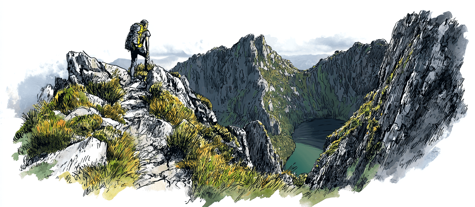 A hiker with a backpack on a quartzite ridge of the Western Arthur Range, looking out over jagged peaks above a green glacial tarn