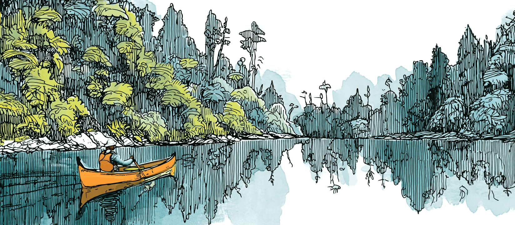 A lone paddler in an orange canoe on the calm, forest-lined Whanganui River, native bush reflected in the still water