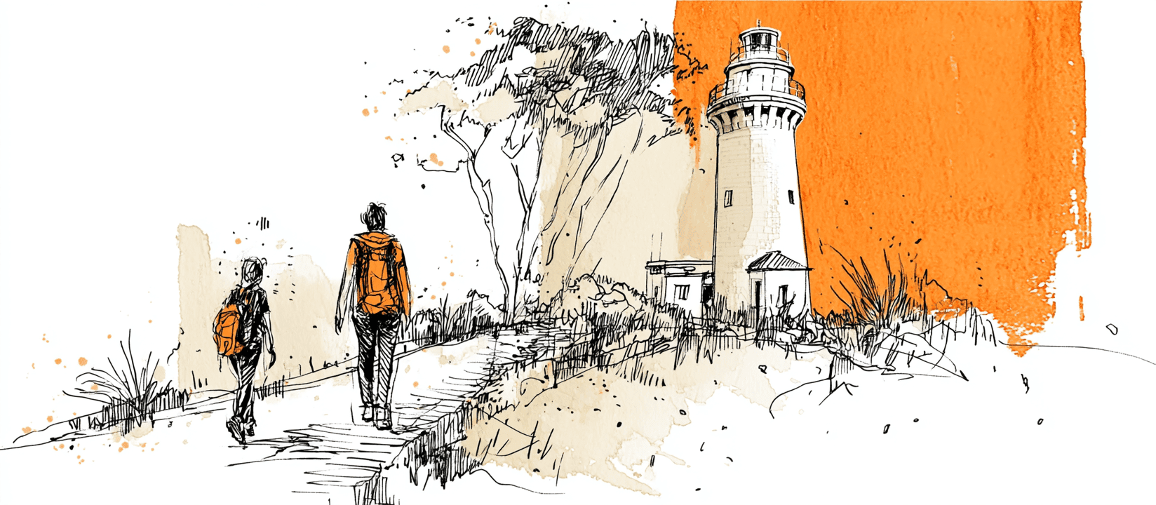 Ink-and-watercolour illustration of two hikers with backpacks walking a boardwalk toward the white Wilsons Promontory lighthouse and keepers' cottages