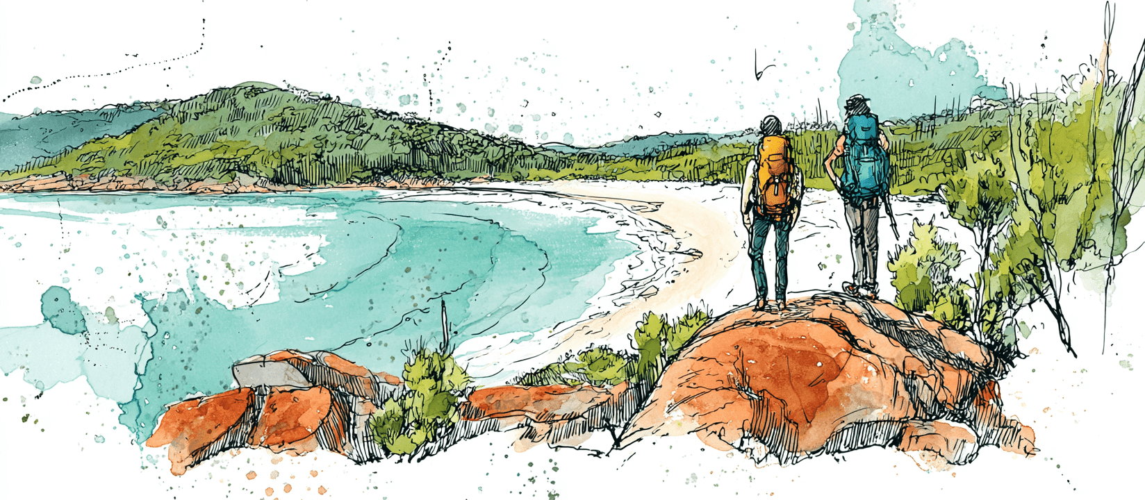 Ink-and-watercolour illustration of two hikers with backpacks on an orange granite outcrop above a turquoise cove on Wilsons Promontory's Southern Circuit